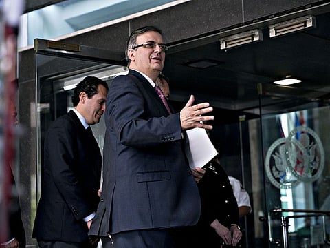 Marcelo Ebrard, Mexico's foreign minister, speaks to members of the media while arriving at the State Department for discussions in Washington, D.C.
