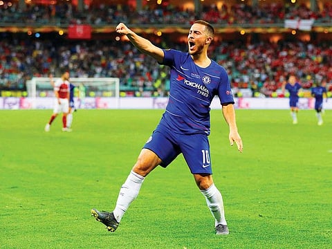 Chelsea’s Eden Hazard celebrates scoring their fourth goal against Arsenal during the Europa League final last month.