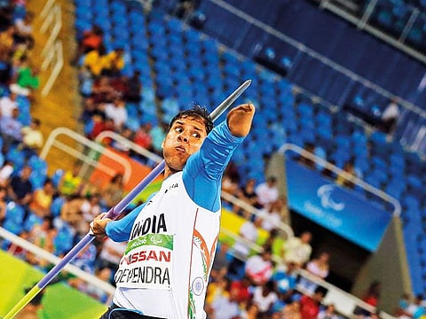 India's Devendra Jhajharia competes in the men's javelin throw F46 final of the Paralympic Games in Rio in 2016.