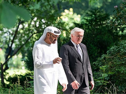 Shaikh Mohammad Bin Zayed Al Nahyan, Crown Prince of Abu Dhabi and Deputy Supreme Commander of the UAE Armed Forces (L), speaks with Frank-Walter Steinmeier, President of Germany (R), prior to a meeting at the Bellevue Palace.