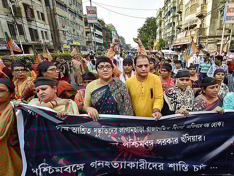 MP Locket Chaterjee along with other activists of BJP Mohila Morcha takes part in a protest rally observing "Black Day" over the killing of party workers in political clashes in the various districts of West Bengal, in Kolkata.