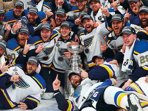 The St. Louis Blues celebrate after defeating the Boston Bruins in Game Seven to win the 2019 NHL Stanley Cup Final at TD Garden.  