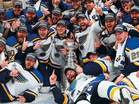 The St. Louis Blues celebrate after defeating the Boston Bruins in Game Seven to win the 2019 NHL Stanley Cup Final at TD Garden.  