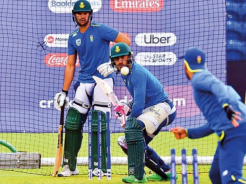 South Africa’s Faf Du Plessis bats during a training session at Sophia Gardens ahead of their 2019 World Cup match against Afghanistan.