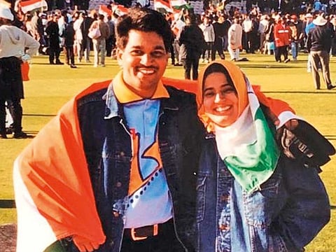 Trevor Pereira and wife Hashmat at the Old Trafford ground in Manchester after India's 47-run win over Pakistan on June 8, 1999.