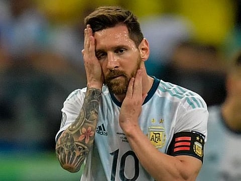 Argentina's Lionel Messi gestures during the Copa America football tournament group match against Colombia at the Fonte Nova Arena in Salvador, Brazil.
