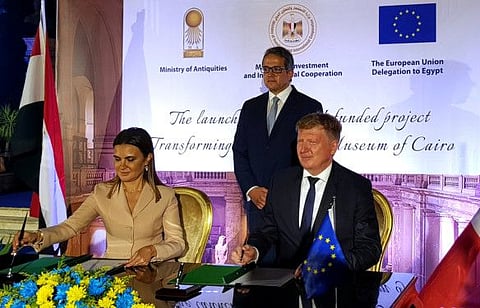 Ivan Surkos, Head of Eurpean Union Delegation to Egypt, and Sahar Nasr, Egypt's Minister of Investment and International Cooperation, sign an agreement for a European grant to renovate the Egyptian Museum in Cairo, Egypt June 16, 2019.