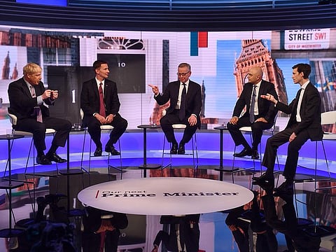 Conservative Party leadership contenders (L-R) Conservative MP Boris Johnson, Britain’s Foreign Secretary Jeremy Hunt, Britain’s Environment, Food and Rural Affairs Secretary Michael Gove, Britain’s Home Secretary Sajid Javid and Britain’s International Development Secretary Rory Stewart take part in the BBC television debate in London on June 18, 2019.