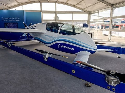 A Boeing 8 lift motors and one cruise propeller, experimental Passenger Air Vehicle is presented at the International Paris Air Show on June 19, 2019 at Le Bourget Airport, near Paris.  