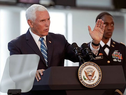 Vice President Mike Pence speaks following a tour on the USNS Comfort, Tuesday, June 18, 2019, in Miami.