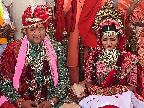 Auli: Kritika Singhal, daughter of diamond merchant Suresh Singhal and Suryakant, son of industrialist Ajay Gupta during their wedding ceremony, in Auli, Thursday, June 20, 2019. 