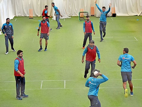 Pakistan players and support staff warm up with a ball game during a training session at Edgbaston in Birmingham, ahead of their World Cup group stage match against New Zealand. 