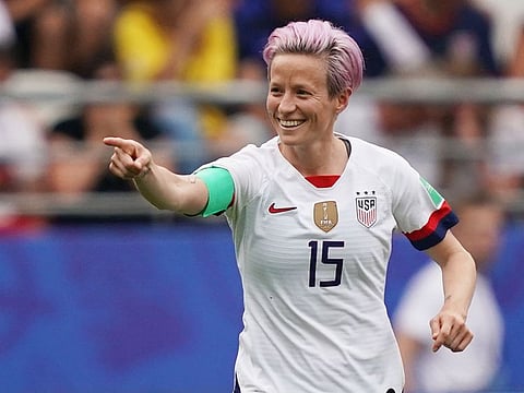  United States' forward Megan Rapinoe celebrates after scoring a goal during the France 2019 Women's World Cup round of sixteen football match between Spain and USA, on June 24, 2019, at the Auguste-Delaune stadium in Reims, northern France. 