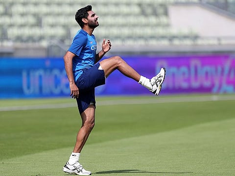 India's Bhuvneshwar Kumar attends a training session ahead of their Cricket World Cup match against England at Edgbaston in Birmingham, England, Saturday, June 29, 2019. 