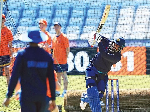 Sri Lanka’s Lahiru Thirimanne bats in the nets during a training session at the Riverside Ground, in Chester-le-Street, northeast England on June 27.