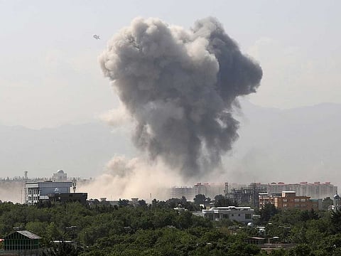 Smoke rises after an explosion in Kabul, Afghanistan, Monday, July 1, 2019. 
