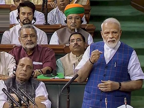 Indian Prime Minister Narendra Modi addresses the Parliament in New Delhi, Tuesday, June 25, 2019. 