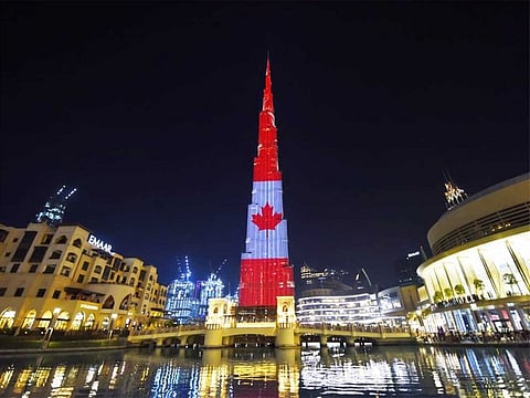 National flag of Canada is displayed on Burj Khalifa on the occasion of Canada's National Day.