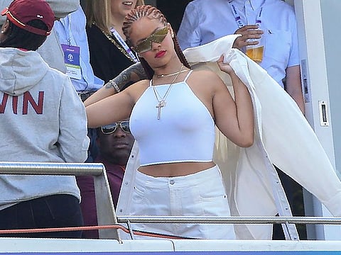 Rihanna spectates during the World Cup group stage match between Sri Lanka and West Indies at the Riverside Ground, in Chester-le-Street. 