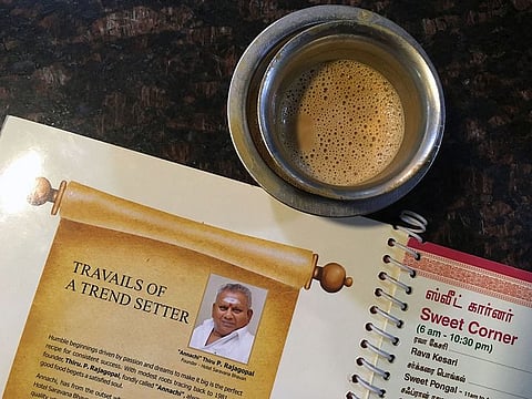 The image of P. Rajagopal, founder of the Saravana Bhavan food chain, on a menu at one of the popular restaurants in Chennai.