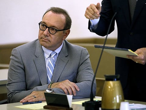 FILE - In this June 3, 2019 file photo, actor Kevin Spacey attends a pretrial hearing at district court in Nantucket, Mass. He is accused of groping the teenage son of a former Boston TV anchor in 2016 in the crowded bar at the Club Car in Nantucket. On Wednesday, June 26, a civil lawsuit was filed by the man who claims Spacey groped him. (AP Photo/Steven Senne, File)