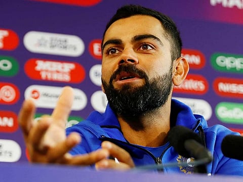 India's captain Virat Kohli addresses the media during at Old Trafford in Manchester, on July 8, 2019, ahead of their World Cup semi-final match against New Zealand.   