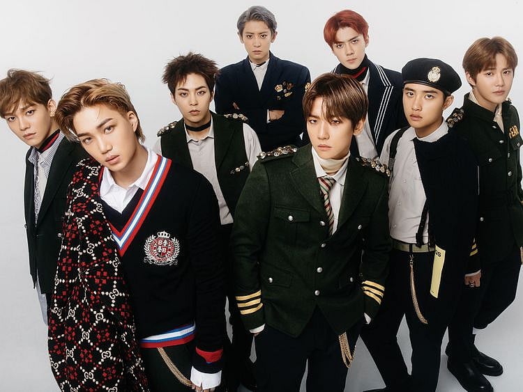 EXO - Clockwise – from left - Chen, Kai, Xiumin, Chanyeol, Sehun, Suho, D.O., and Baekhyun.-1562651226638