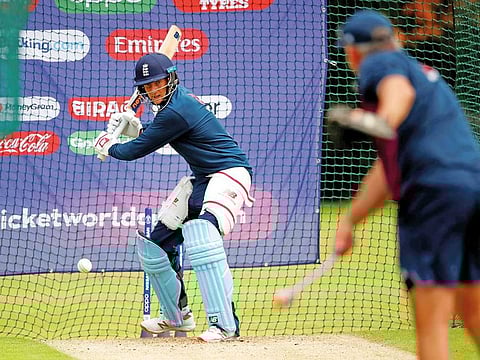 England batsman Joe Root shaping up to play a cut shot during a training session ahead of the semi-finals against Australia at Edgbaston in Birmingham on Tuesday.
