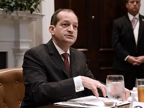 In this file photo taken on June 21, 2018 Secretary of Labor Alexander Acosta speaks during a working lunch with governors in the Roosevelt Room of the White House, in Washington, DC.