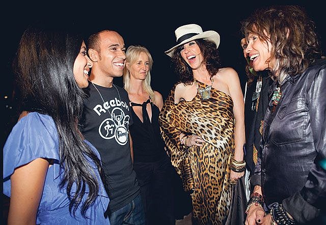 Nicole Scherziger, Lewis Hamilton, Sonia Irvine, Erin Brady and Steven Tyler at the Amber Lounge.