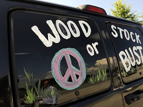 FILE - This Aug. 14, 2009 file photo shows a van decorated with "Woodstock or Bust" at the original Woodstock Festival site in Bethel, N.Y.  On Thursday, May 9, 2019, a judge in New York has ordered London-based Dentsu Aegis Networks not to make any further comments on the future of the 50th Anniversary Festival at least until a hearing on Monday, May 13.  after the festival's organizers sued the former investor. Festival organizers brought suit claiming that the former investor was verbally sabotaging the August 2019 event. (AP Photo/Stephen Chernin, File)