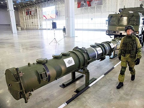 A cruise missile in Kubinka outside Moscow, Russia. The US and Moscow have walked out of the key INF treaty.