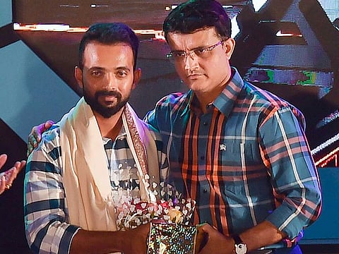 CAB President Sourav Ganguly (right) felicitates Indian Test team Vice-Captain Ajinkya Rahane during CAB Annual Awards ceremony 2018-2019, in Kolkata, on August 3, 2019. 