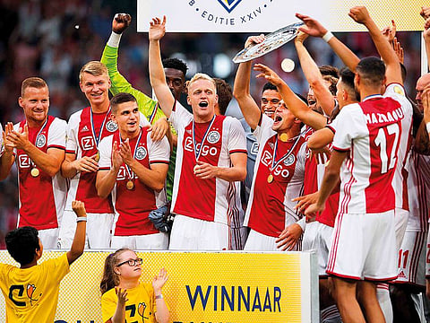 Ajax Amsterdam’s players celebrate after winning the Dutch Super Cup football final match between Ajax Amsterdam and PSV Eindhoven at the Johan Cruijff Arena in Amsterdam.