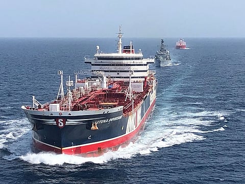 The HMS Montrose (C) accompanying the Stena Important (L) and the Sea Ploeg vessels in the Gulf. 
