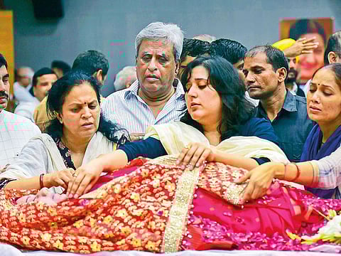 Bansuri Swaraj (centre), daughter, and Swaraj Kaushal (on Bansuri’s right), husband of former external affairs minister Sushma Swaraj, at the BJP headquarters in New Delhi on Wednesday. 