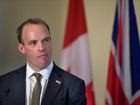 Britain's Foreign Secretary Dominic Raab at a news conference following a meeting with Canada's Foreign Minister Chrystia Freeland in Toronto, Ontario, Canada, August 6, 2019. 