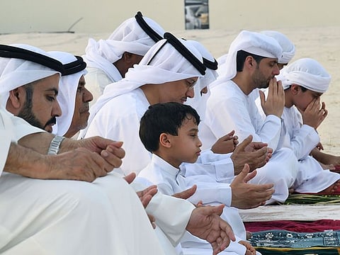 Emiratis attend the Eid Al Adha holiday morning prayer at Dubai's main mosque.