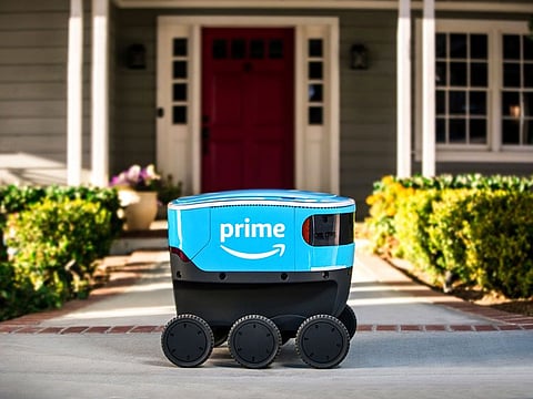 his undated photo provided by Amazon shows a self-driving delivery robot that Amazon is calling Scout.  