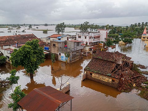 A view of a flooded area following incessant rainfall in Kolhapur district.