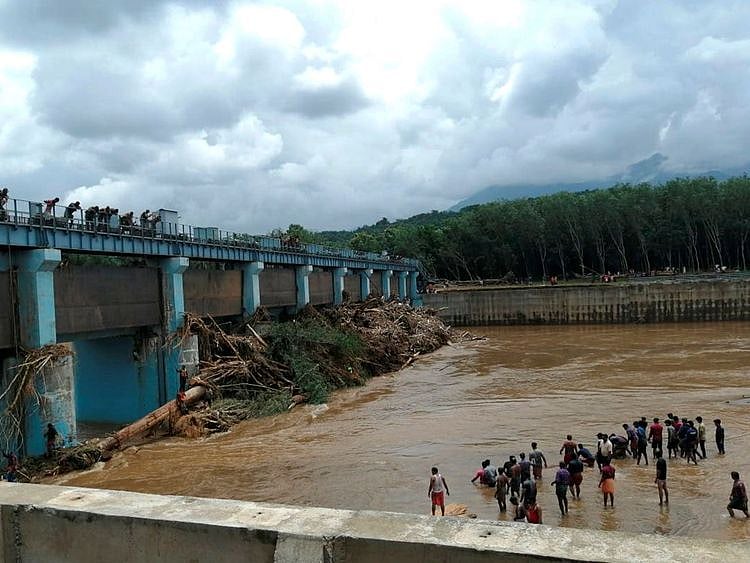 Wooden logs float on the Chaliyar river 