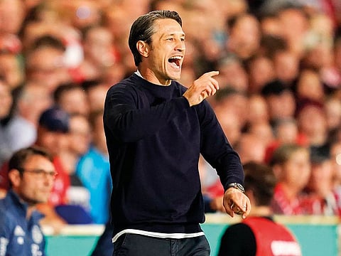 Bayern Munich's coach Niko Kovac reacts during the German Cup (DFB Pokal) first round football match FC Energie Cottbus v FC Bayern Munich at the Freundschaft stadium in Cottbus, eastern Germany on August 12, 2019. 