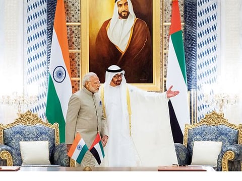 His Highness Shaikh Mohammad Bin Zayed Al Nahyan, Crown Prince of Abu Dhabi and Deputy Supreme Commander of the UAE Armed Forces with Indian Prime Minister Narendra Modi during the latter’s visit to the UAE