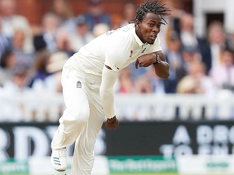 England's Jofra Archer bowls during the second Ashes Test against Australia at Lord's Cricket Ground in London. 