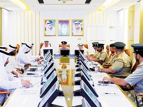 Maj Gen Abdullah Khalifa Al Merri chairs a meeting with officers from Dubai Police’s Anti-Narcotics Department.