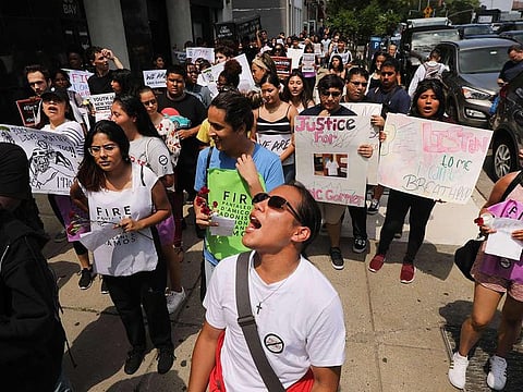  New York City students and youth activists participate in a news conference and rally to commemorate the lives of Eric Garner and Delrawn Small, both of whom were killed by police in different incidents, on August 08, 2019 in New York City.