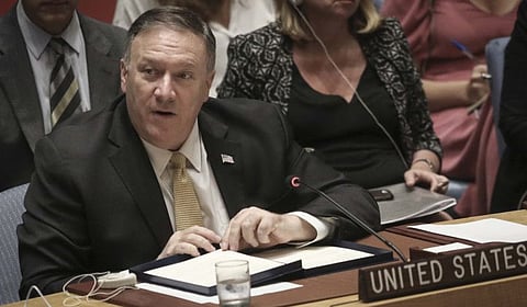United States Secretary of State Michael Pompeo address a meeting of the United Nations Security Council on the Mideast, Tuesday Aug. 20, 2019 at U.N. headquarters. 