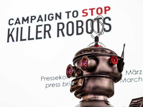  An image of a ‘killer robot’ on display at a press briefing of the Campaign to Stop Killer Robots.