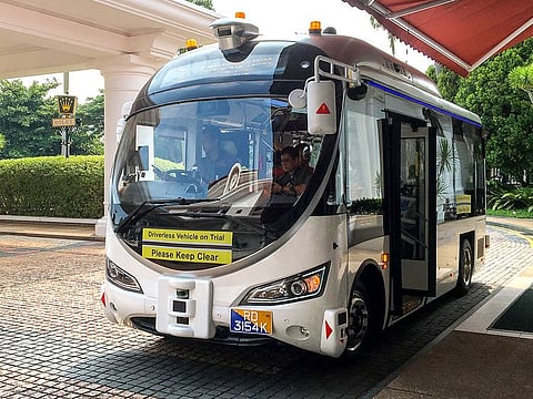 An autonomous shuttle bus is seen during a public trial on Sentosa Island, Singapore.