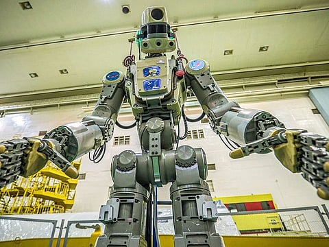 Russian humanoid robot Skybot F-850 (Fedor) being tested ahead of its flight on board Soyuz MS-14 spacecraft at the Baikonur Cosmodrome in Kazakhstan.